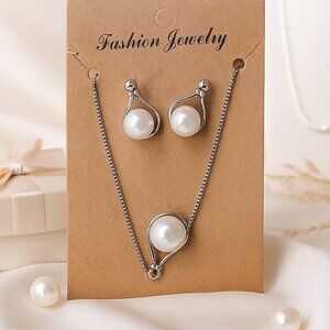 Silver-Tone Pearl Pendant Necklace & Matching Earrings Jewelry Set